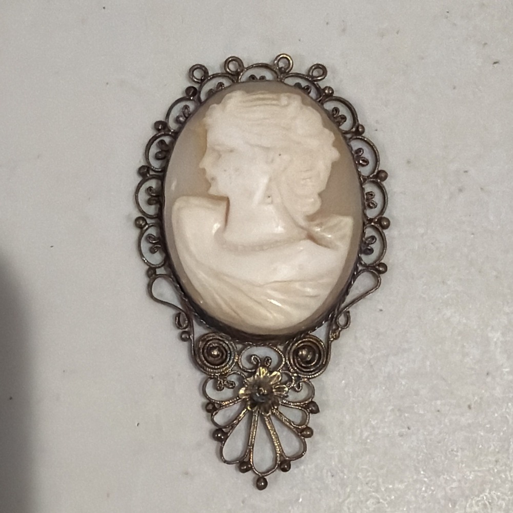 Vintage Carved Shell Cameo Filigree Brooch/Pendant Filigree Frame. No Fastener